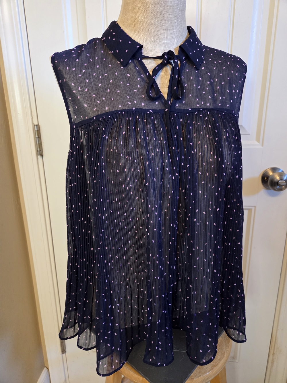 LC Lauren Conrad Dark Blue Semi-sheer Sleeveless Blouse with Pink Leaf Print